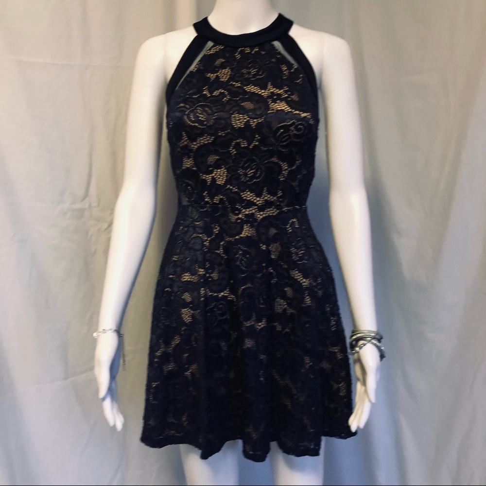 Crystal Doll 5 navy lace over nude halter mini dress